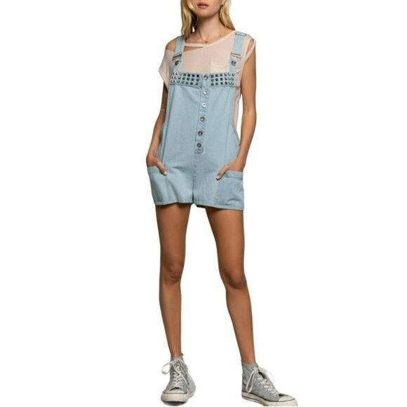 NWT POL Denim Studded Overall Side Pockets Shorts - Picture 6 of 11